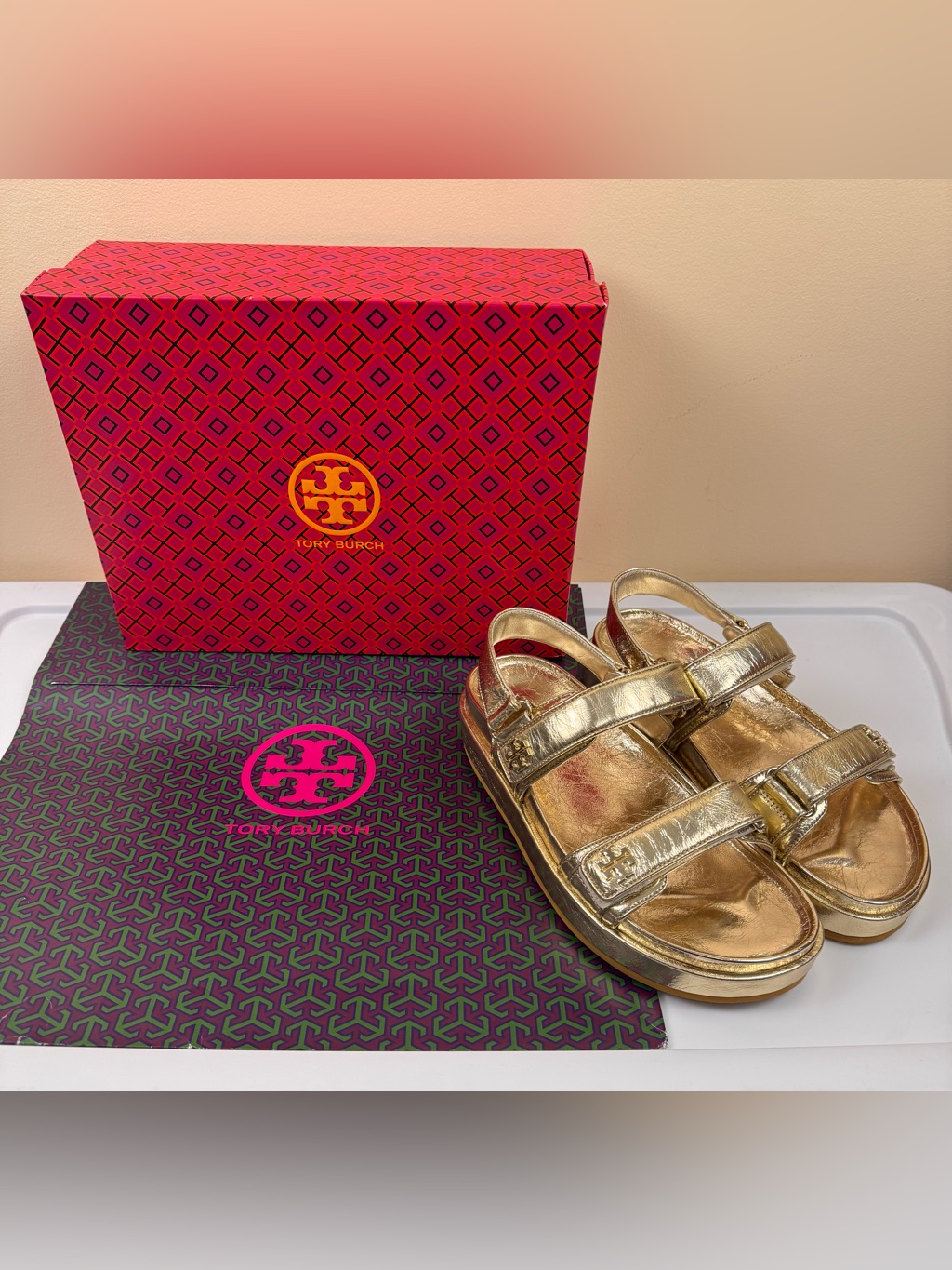 Tory Burch Kira Sport Sandal Crinkle Metallic Leather In Sparkle Gold